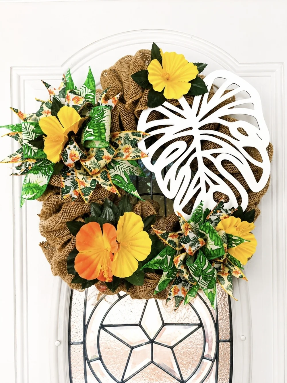 Handmade Tropical Summer Wreath Hibiscus & Monstera Front Door Decor